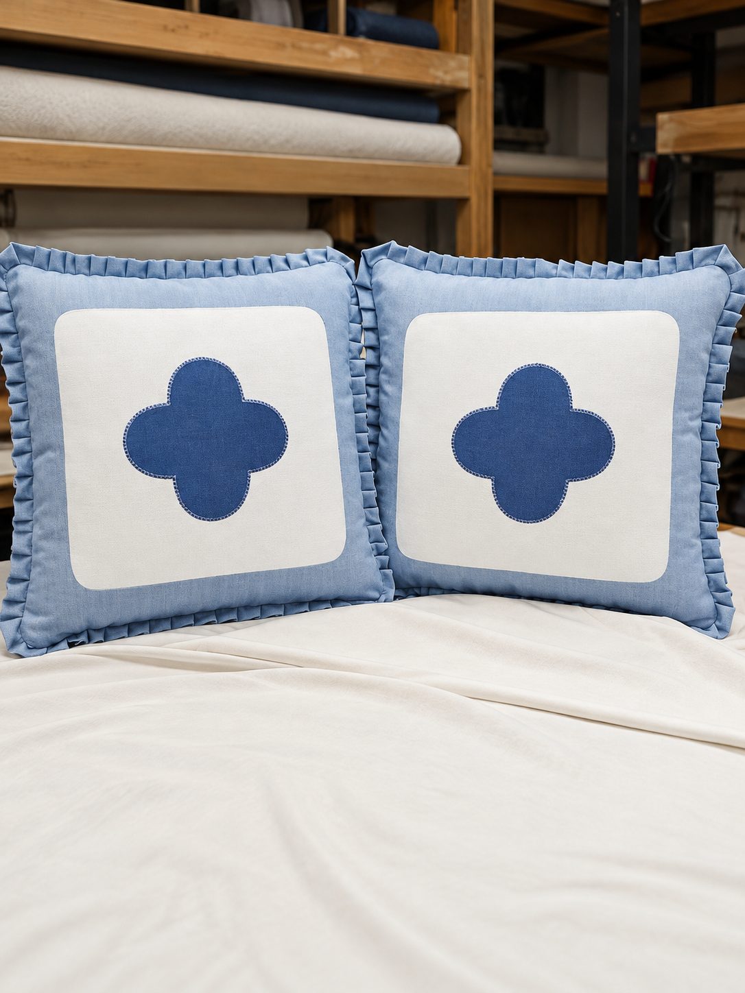 Blue and white pillows with quatrefoil appliqué details.