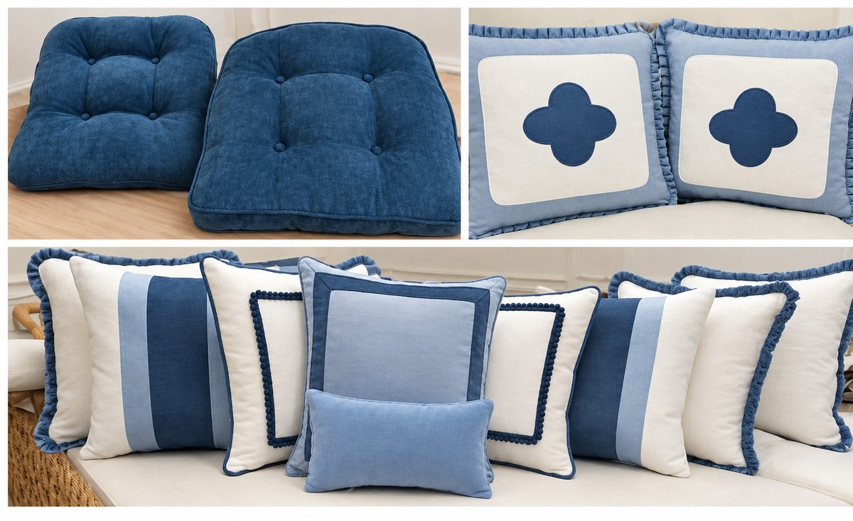 Collage of blue tufted cushions and blue-and-white decorative pillows.