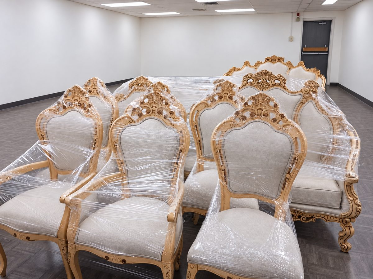 Wrapped ornate chairs and sofas shown against a plain background.
