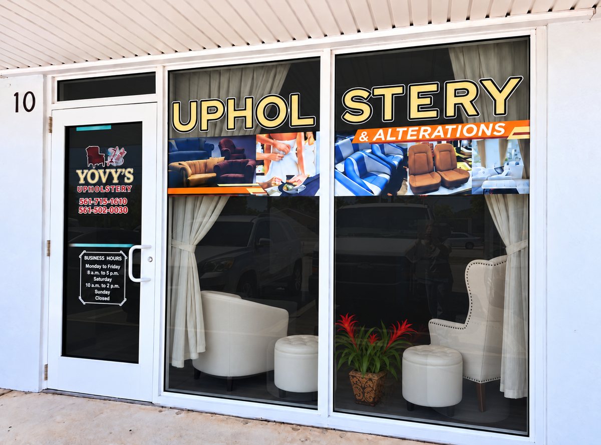 Yovy’s Upholstery storefront in Greenacres, FL — upholstery and alterations studio showroom, Suite 10 on S Military Trail